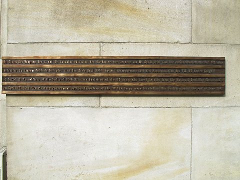 Figure 2: Round Corner Building, currently the Stasi-Museum at 24 Ditrichring, Leipzig, Germany, memorial plaque honoring the US 2nd Inf Div and the US 69th Inf Div. Plaque Inscription in English: In honor of the soldiers of the 2nd and 69th Infantry Divisions of the US Army who freed Leipzig from the National Socialist dictatorship on April 18, 1945. The military government and headquarters of the US VII Corps were located in this building until the end of June 1945.